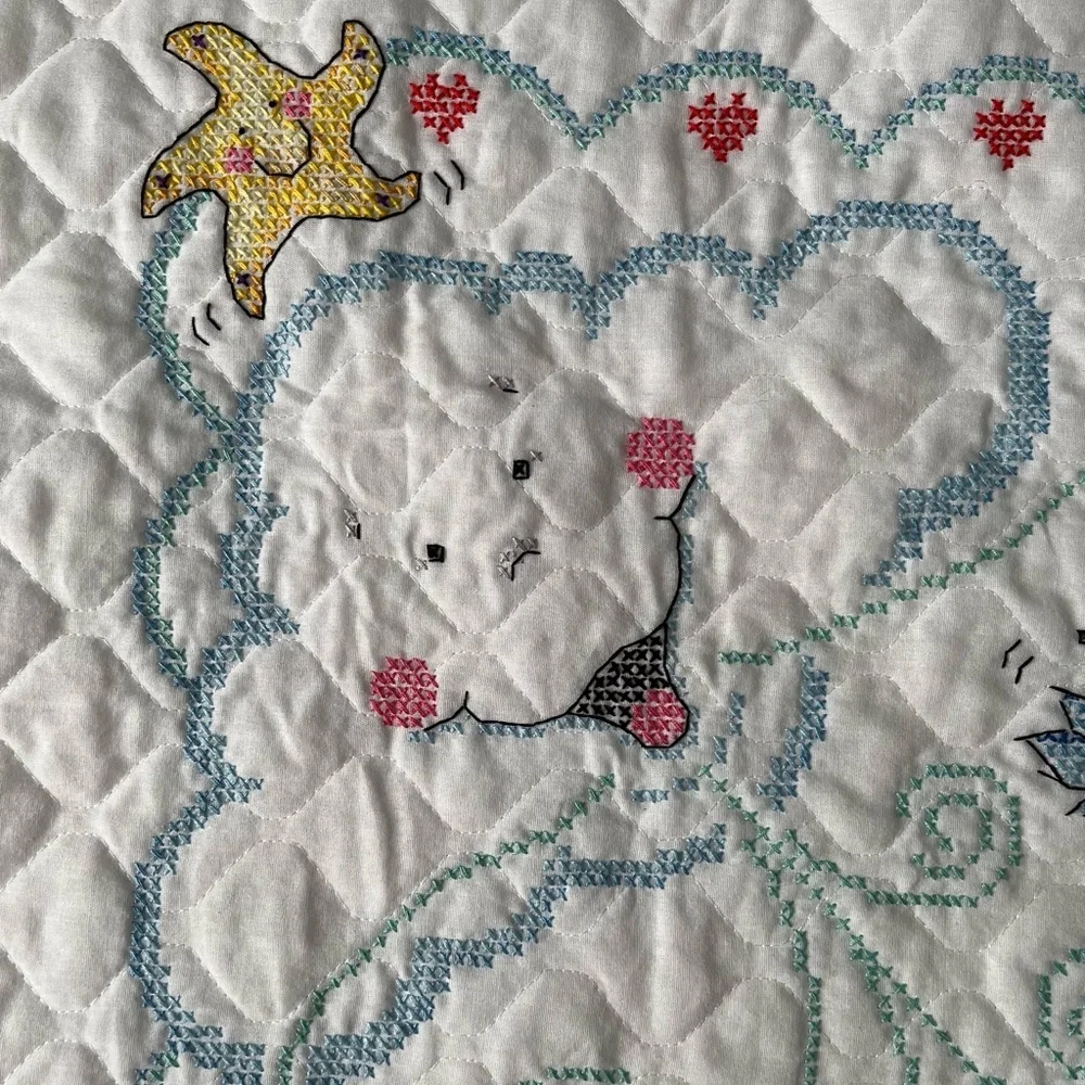 Quilted Embroidered Baby Blanket, Teddy Bear on Sailboat Design. White